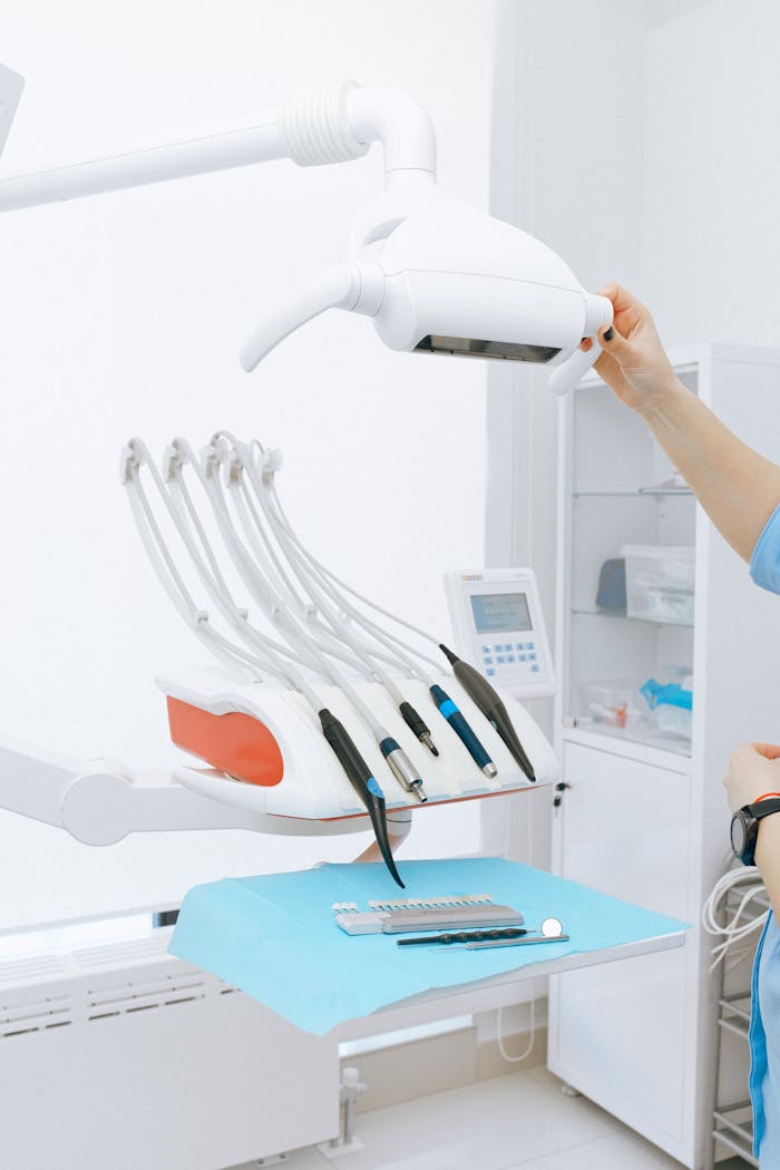 A clean, modern dental office showcasing dentist equipment and tools.